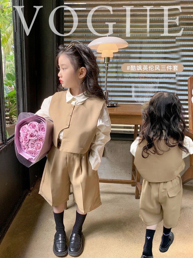儿童气质三件套春秋新款衬衫女宝宝洋气马甲潮款百搭短裤套装女童
