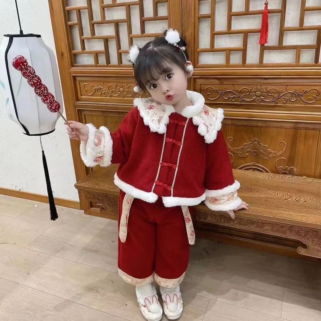 女童冬季新年套装加绒加厚中小儿童新款拜年服中国风宝宝分体洋气
