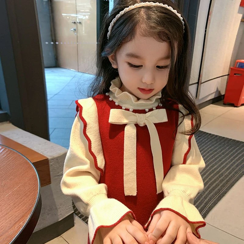 女童连衣裙秋冬加绒新款儿童针织毛衣公主宝宝红色韩版洋气毛女孩