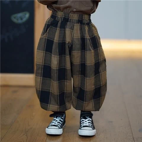 2023韩版男童格子裤儿童裤子女童宝宝小童灯笼裤束脚长裤潮秋春秋
