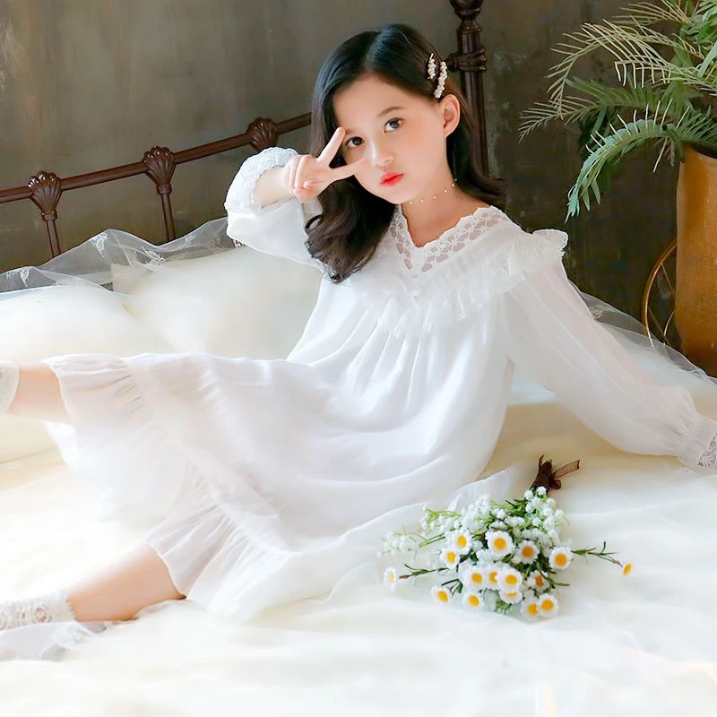 儿童长袖睡裙13岁女孩睡衣大童春秋季女童蕾丝公主家居服