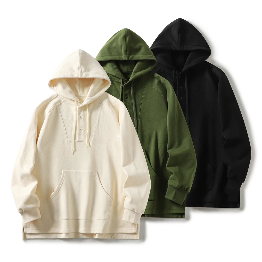 【CityBoy】百搭重磅宽松前短后长侧开叉螺纹口OS版连帽长袖卫衣男