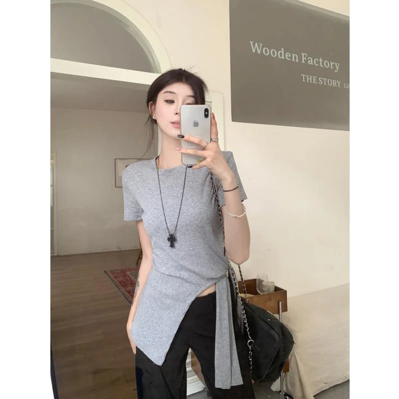 不规则灰色短袖女t恤夏季小众修身显瘦别致绑带收腰开叉正肩上衣
