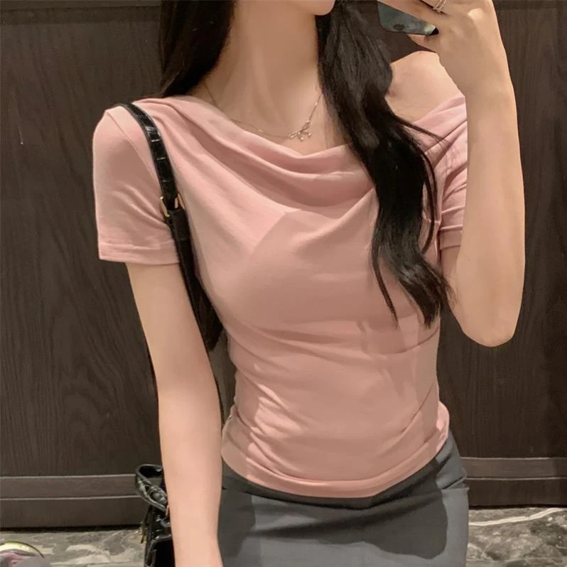 纯欲风粉色荡领一字肩ins短袖t恤女夏季显瘦百搭修身短款小众上衣