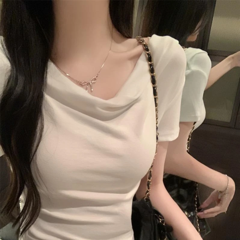 纯欲风荡领一字肩短袖t恤女夏季显瘦百搭白色修身小众设计感上衣