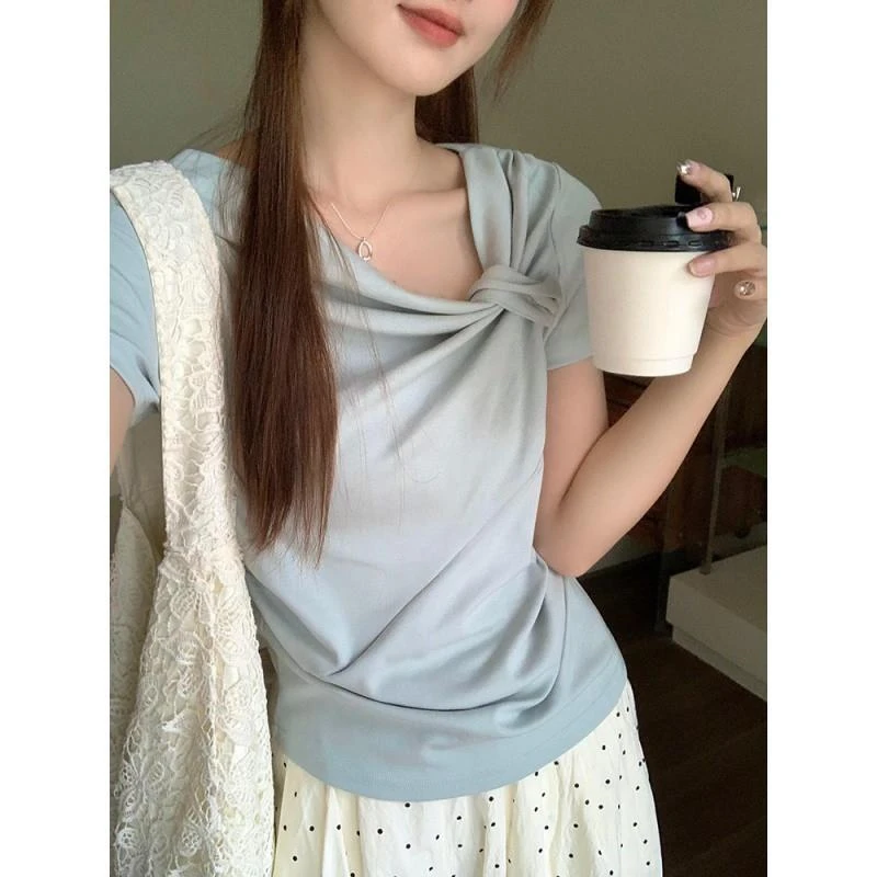 夏季纯欲风设计感不规则正肩短袖小个子百搭褶皱修身显瘦恤上衣