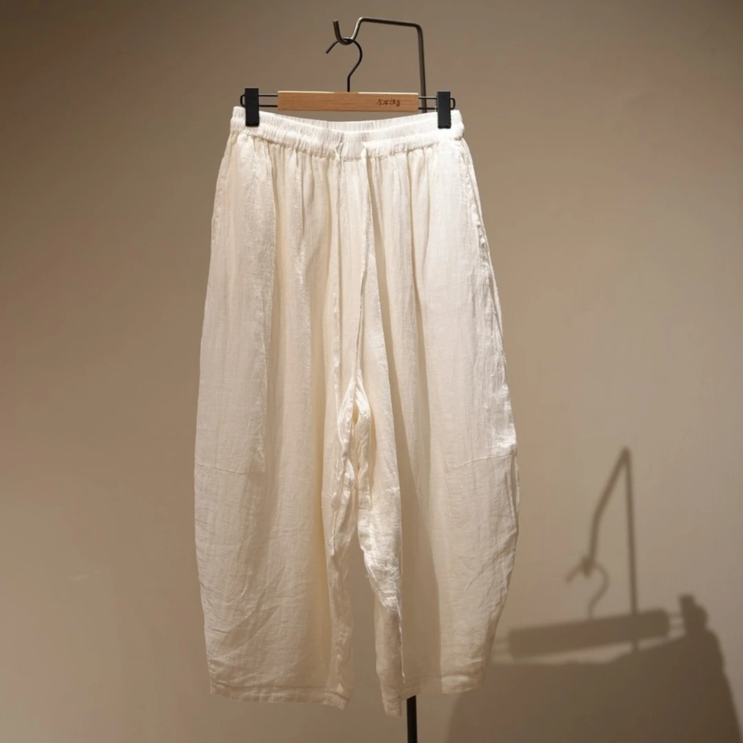 布衣分享 220631 原创设计 白色亚麻双层宽松休闲裤时尚直筒