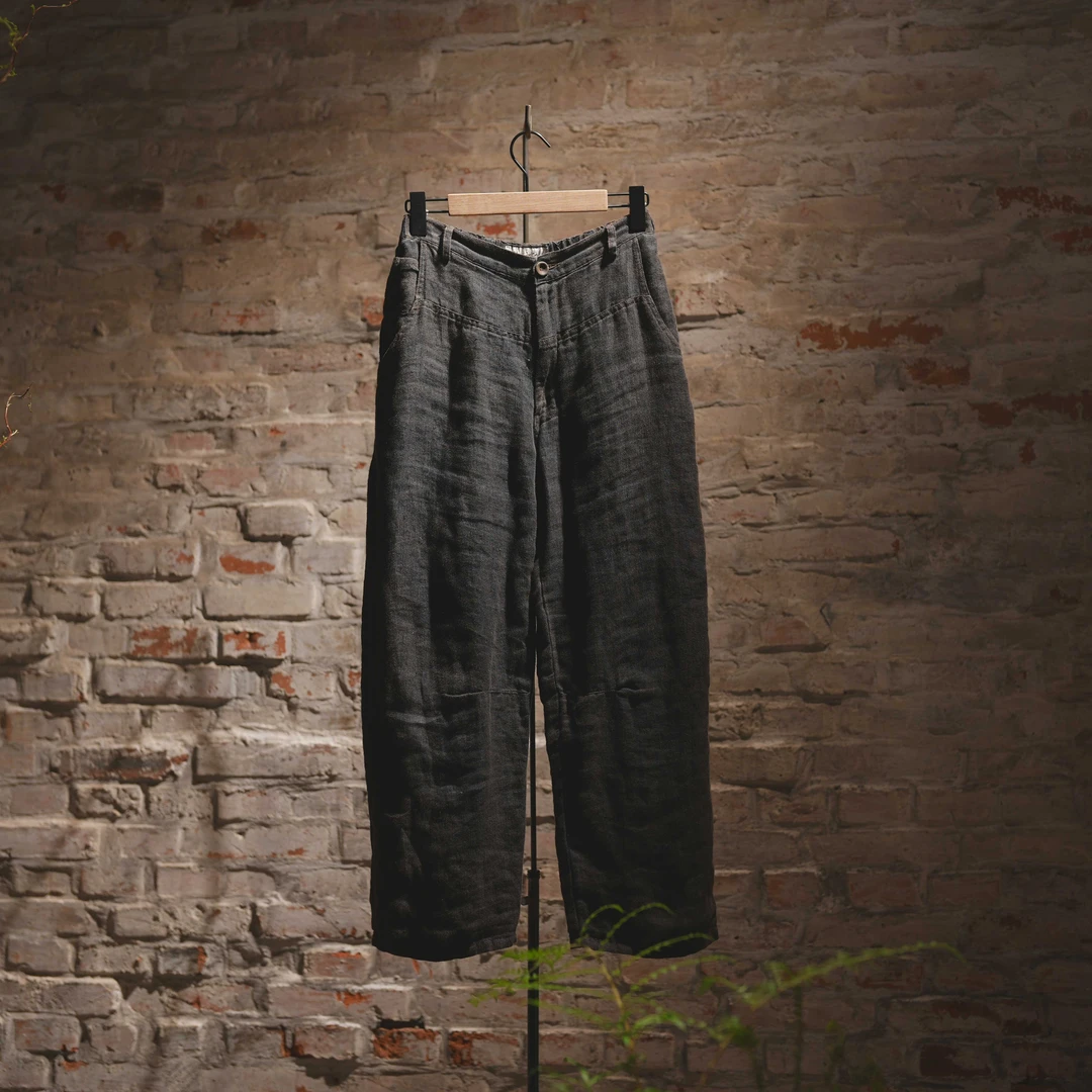 【7折款】布衣分享Z22SS3010左岸迷香复古做旧蓝黑色麻料老爹休闲裤