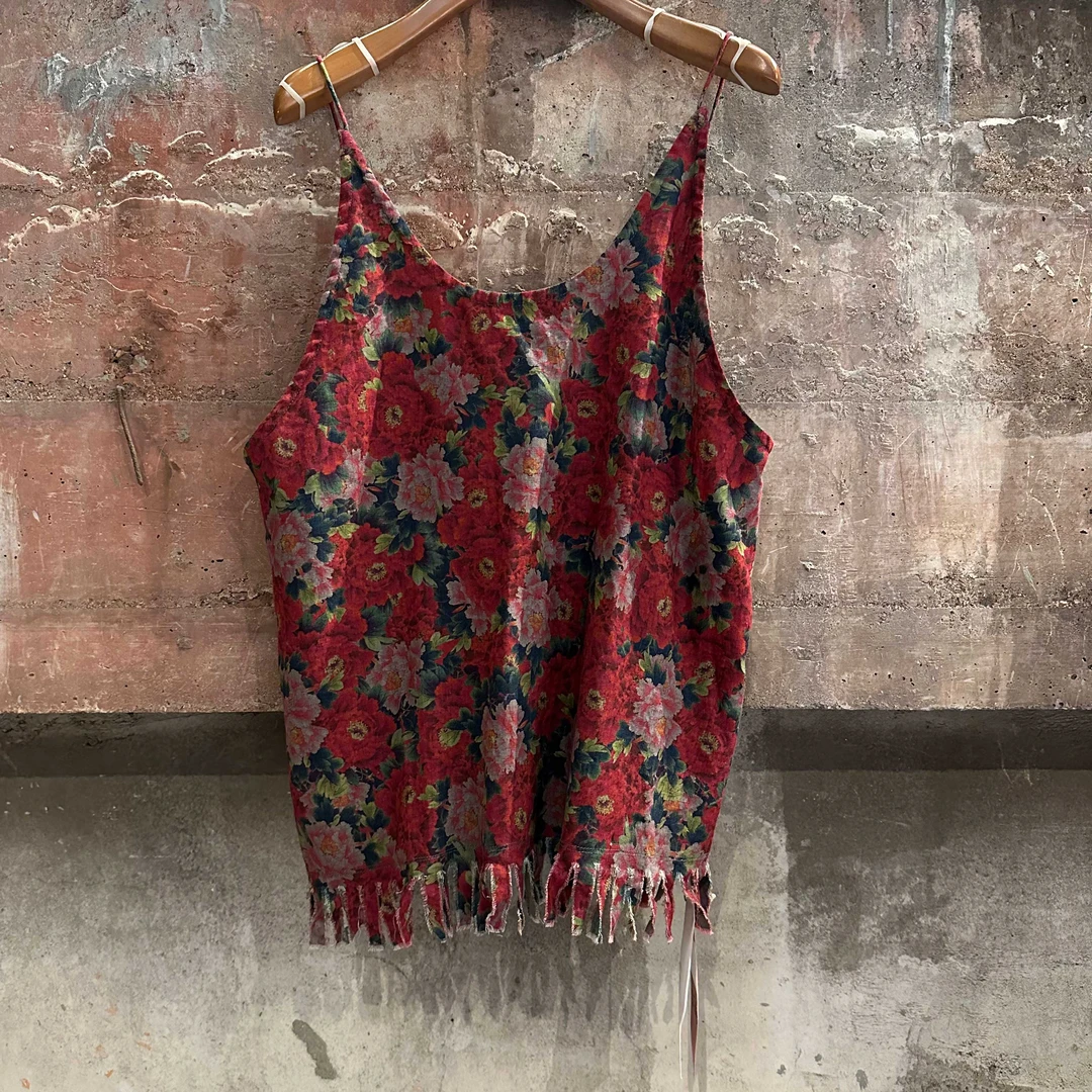 布衣分享 2410513 复古印花下摆流须亚麻吊带