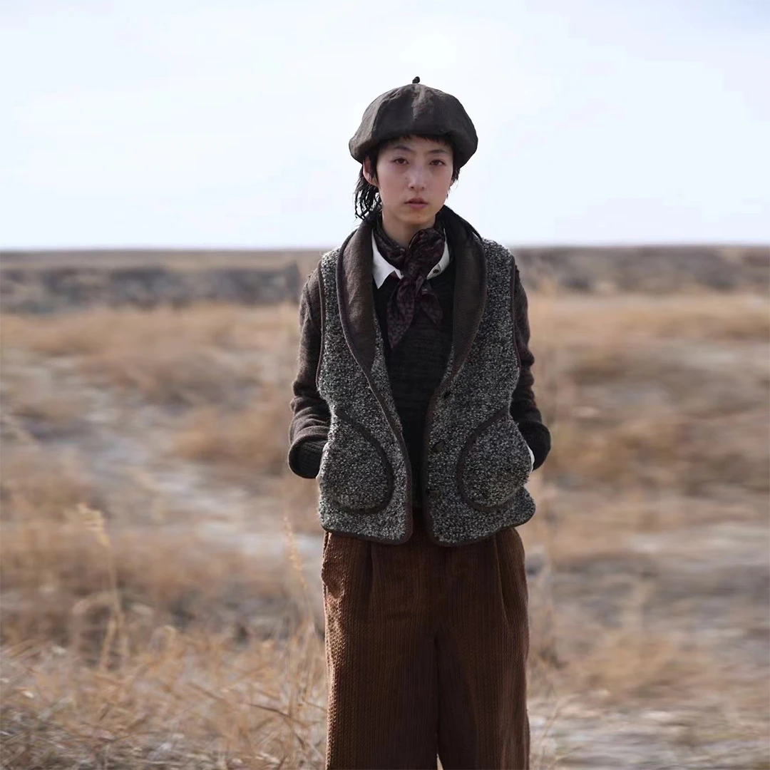 【7折款】左岸迷香 Z21FW6007做旧复古大立领混纺雪花灰短款马甲