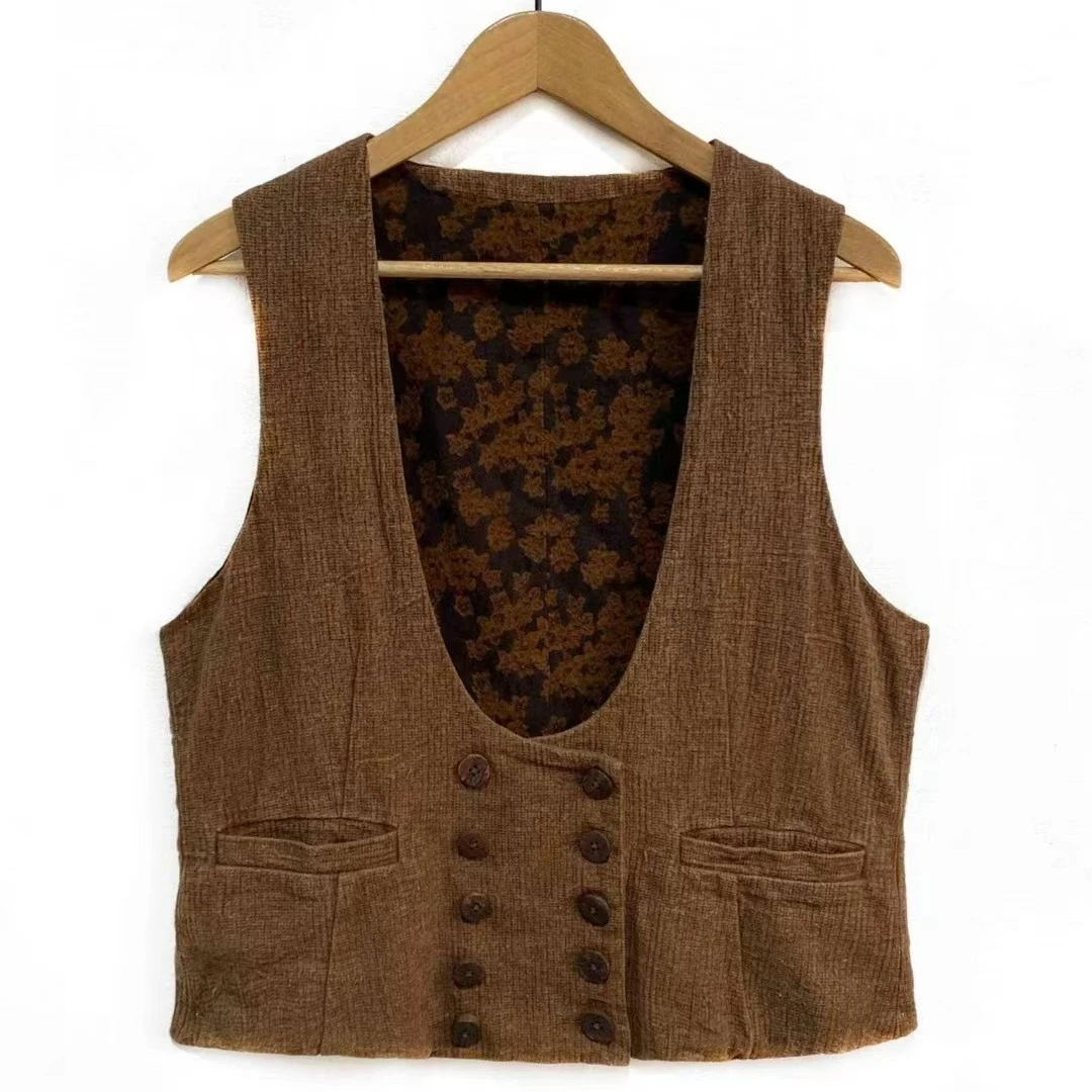 布衣分享 Z22FW6008 左岸迷香 秋冬上新复古双排扣马甲针织