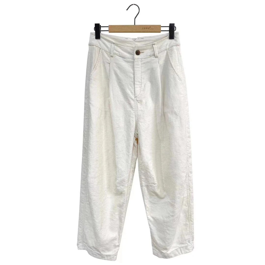 【7折款】 FW3020 左岸迷香 秋上新白色棉麻混纺休闲裤牛仔裤显瘦