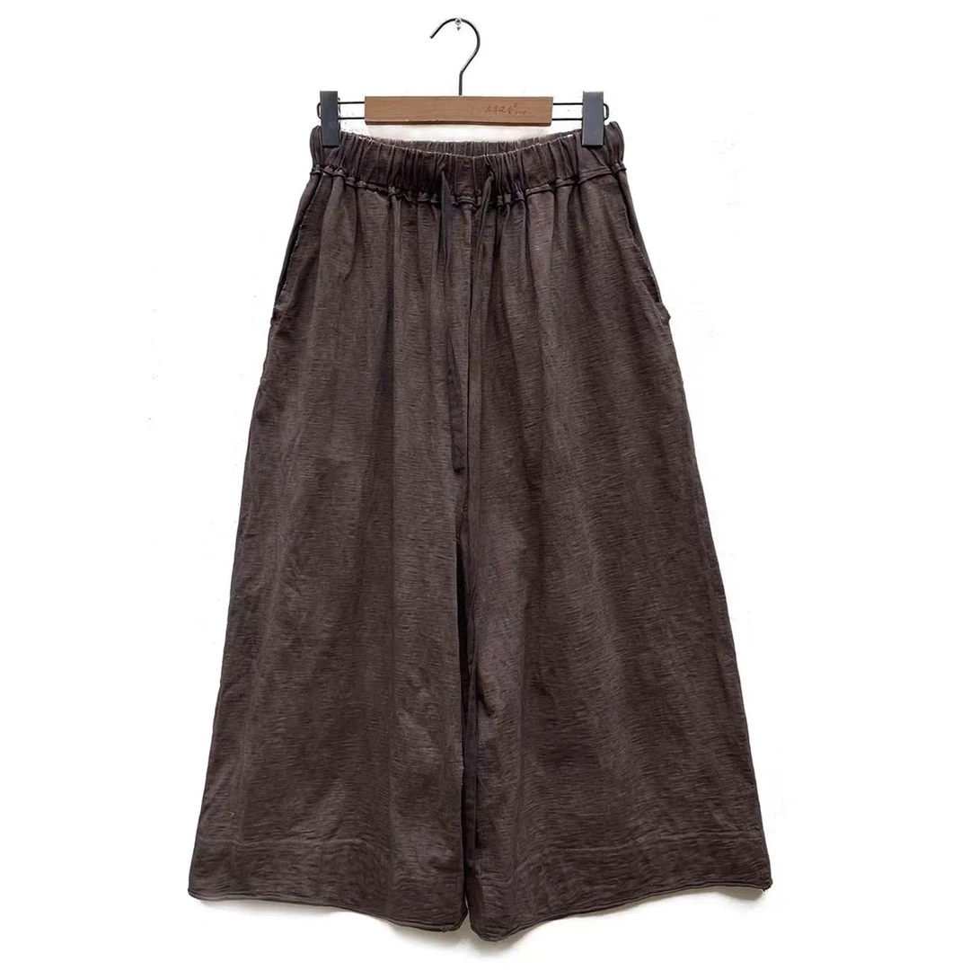 左岸迷香 Z22SS3019布衣分享植物染色棉质松紧腰抽绳阔腿裤八分裤