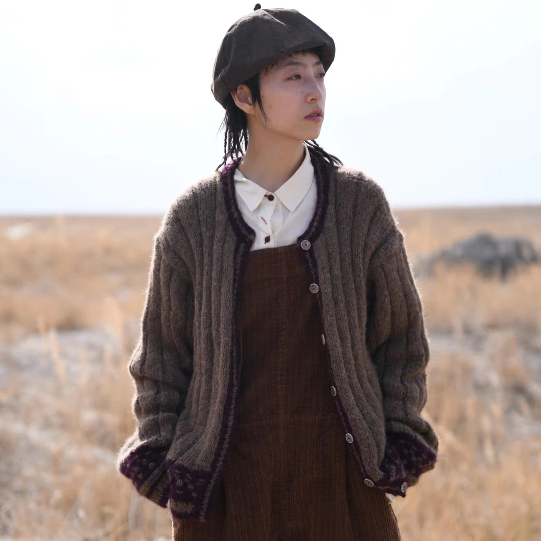【7折款】布衣分享FW7095 左岸迷香 秋季毛衣小羊羊针织开衫拼色