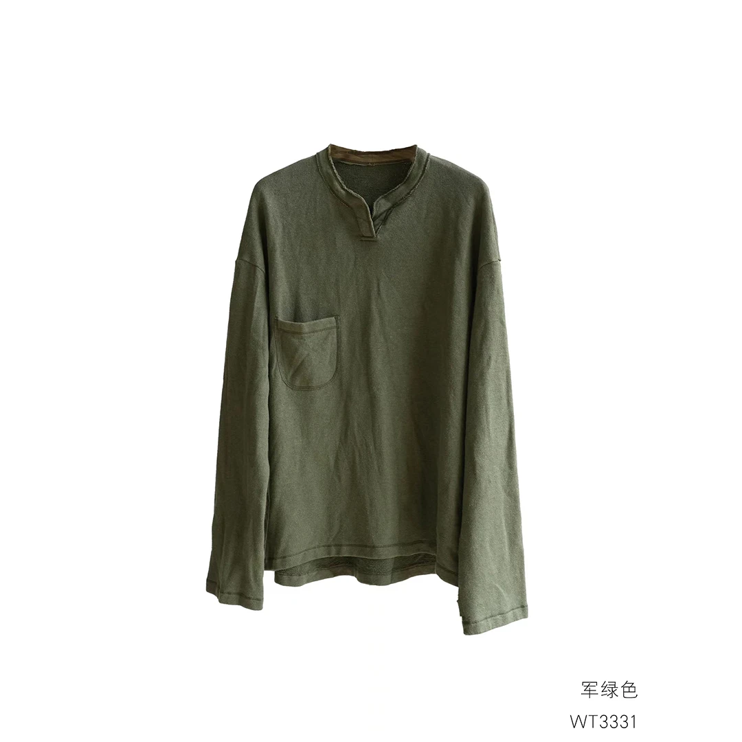 布衣分享 WT3331 几见休闲百搭纯色口袋开口领长袖T恤上衣