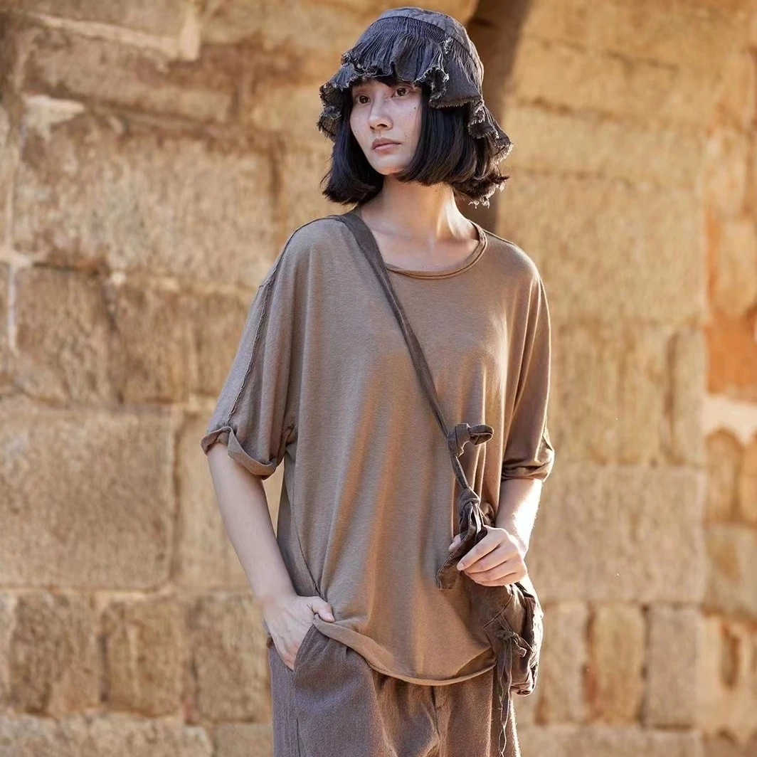 左岸迷香 Z24SS9010 布衣分享复古棉麻圆机休闲T恤 纯色做旧短袖