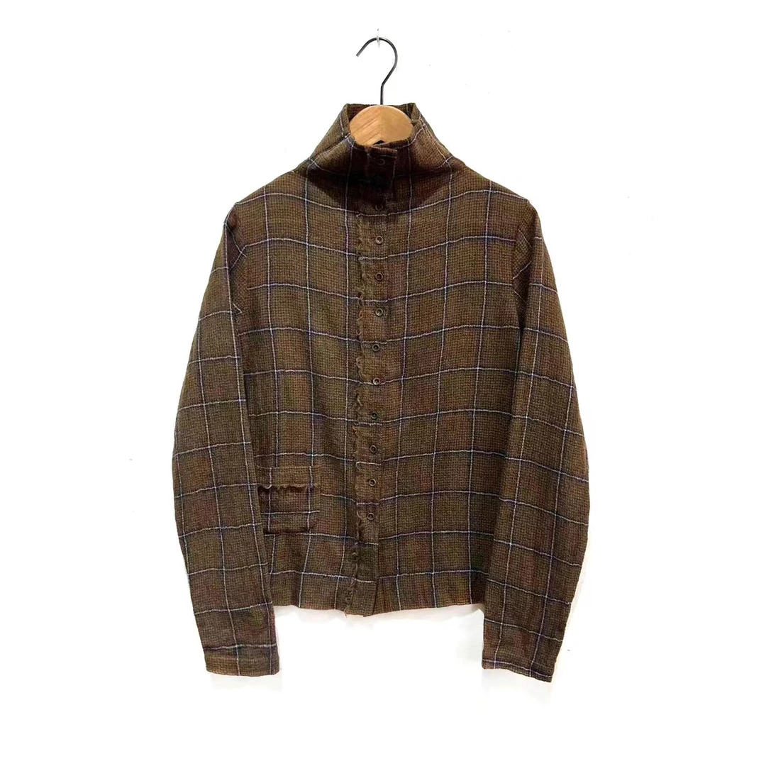 左岸迷香 Z23FW1022-1 布衣分享格子羊羊复古文艺单排扣衬衫