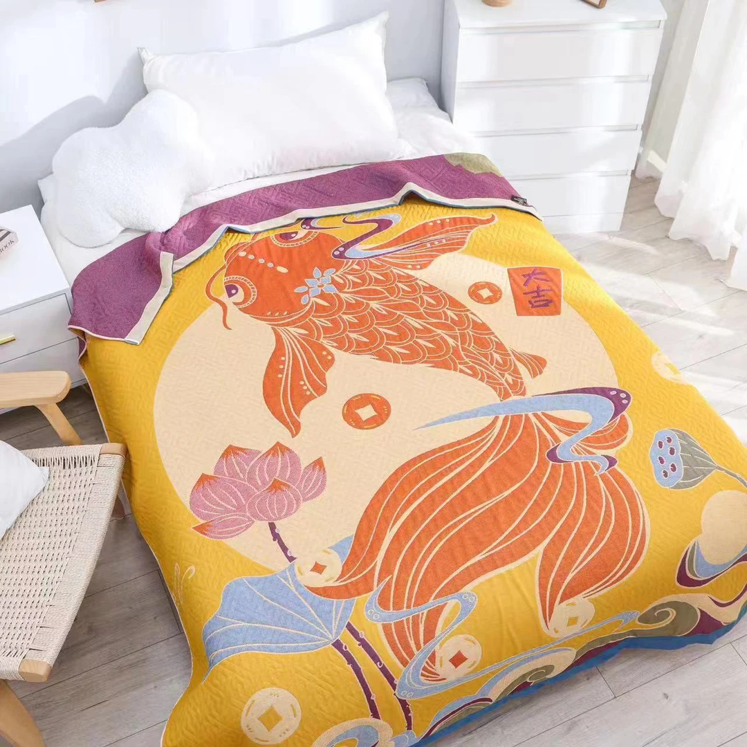 纯棉多层纱布空调成人加厚透气多功能盖毯柔软春夏卡通床盖毛巾毯