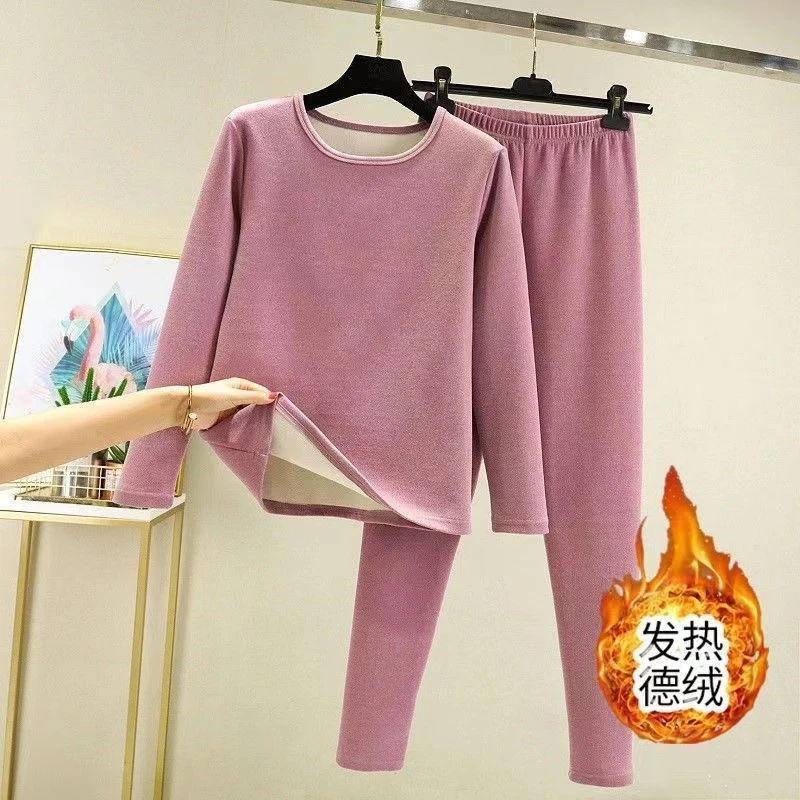 冬德绒保暖内衣女加绒加厚内穿秋衣秋裤磨毛发热潮大码内搭两件套