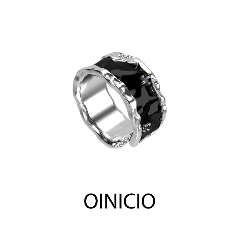 OINICIO/初印 925银合成锆石戒指 檀健次同款沉积黑滴胶宽戒礼物