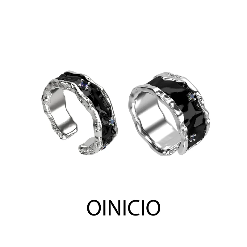 OINICIO/初印 925银合成锆石戒指 王鹤棣同款黑色滴胶情侣对戒