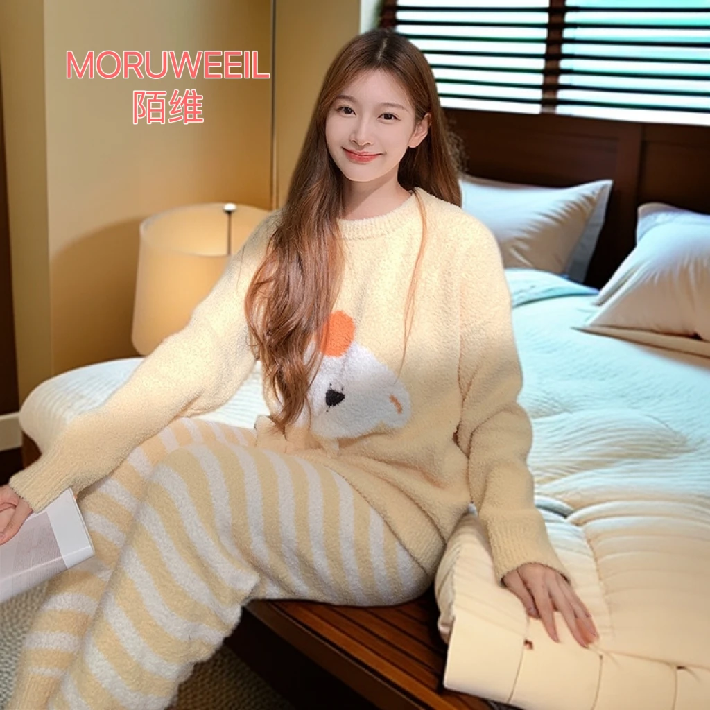 【陌维】新款秋冬可外穿半边绒帽子狗套头加厚睡衣加绒家居服套装