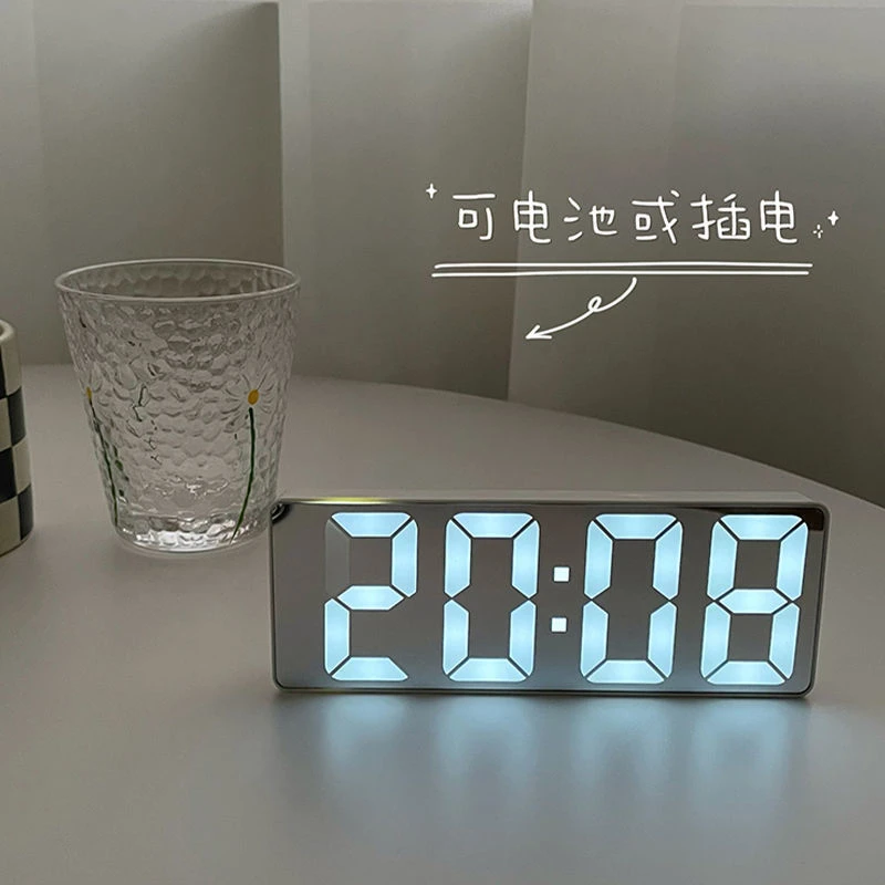闹钟LED静音智能镜面数字小闹钟ins风桌面时钟透明学生用电子钟表