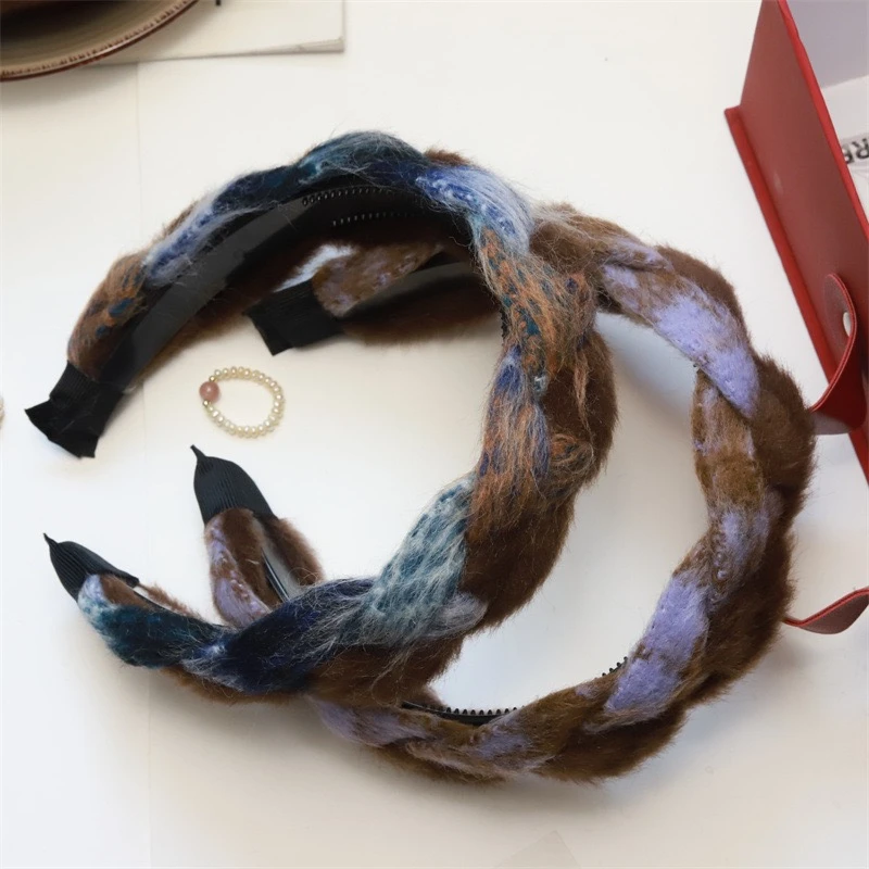 秋冬新款美拉德双拼色编织发箍宽版四股辫高颅顶小香风头箍发饰
