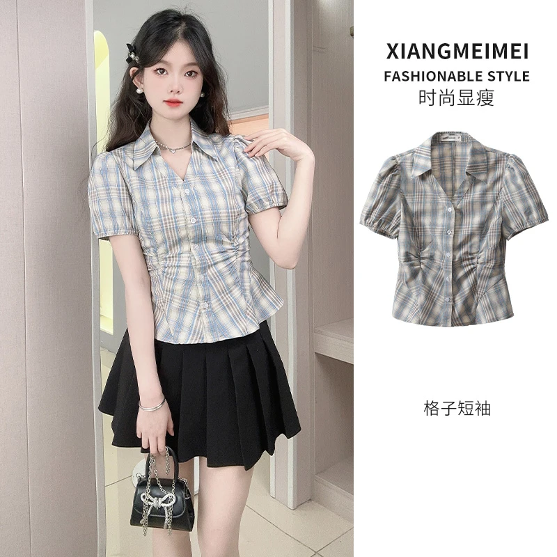 夏季学院风衬衫女小个子时尚高腰显瘦气质设计感洋气短袖衬衣3048