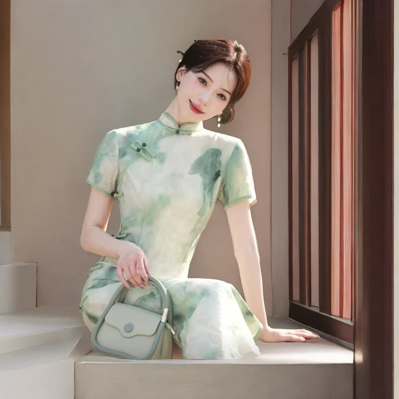 中国风旗袍夏季吋尚气质古法日常民国风提花中长款印花优雅S-3XL