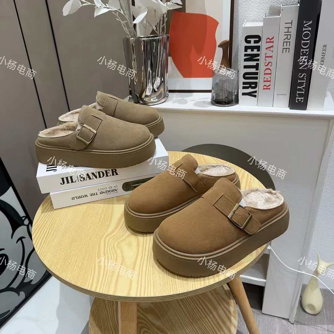 真皮厚底羊羔毛勃肯鞋女外穿高级感毛毛鞋2024冬季新款包头半拖鞋