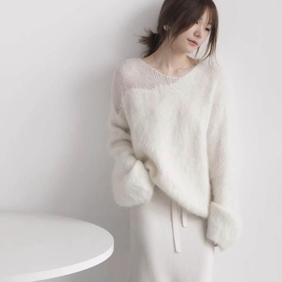 法式气质温柔软糯马海毛毛衣女秋冬加厚宽松慵懒风镂空针织衫上衣