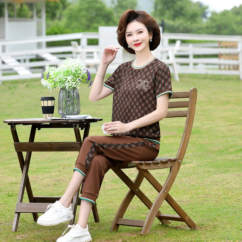 中老年女装运动套装夏季宽松上衣裤子2024妈妈装夏装短袖两件套