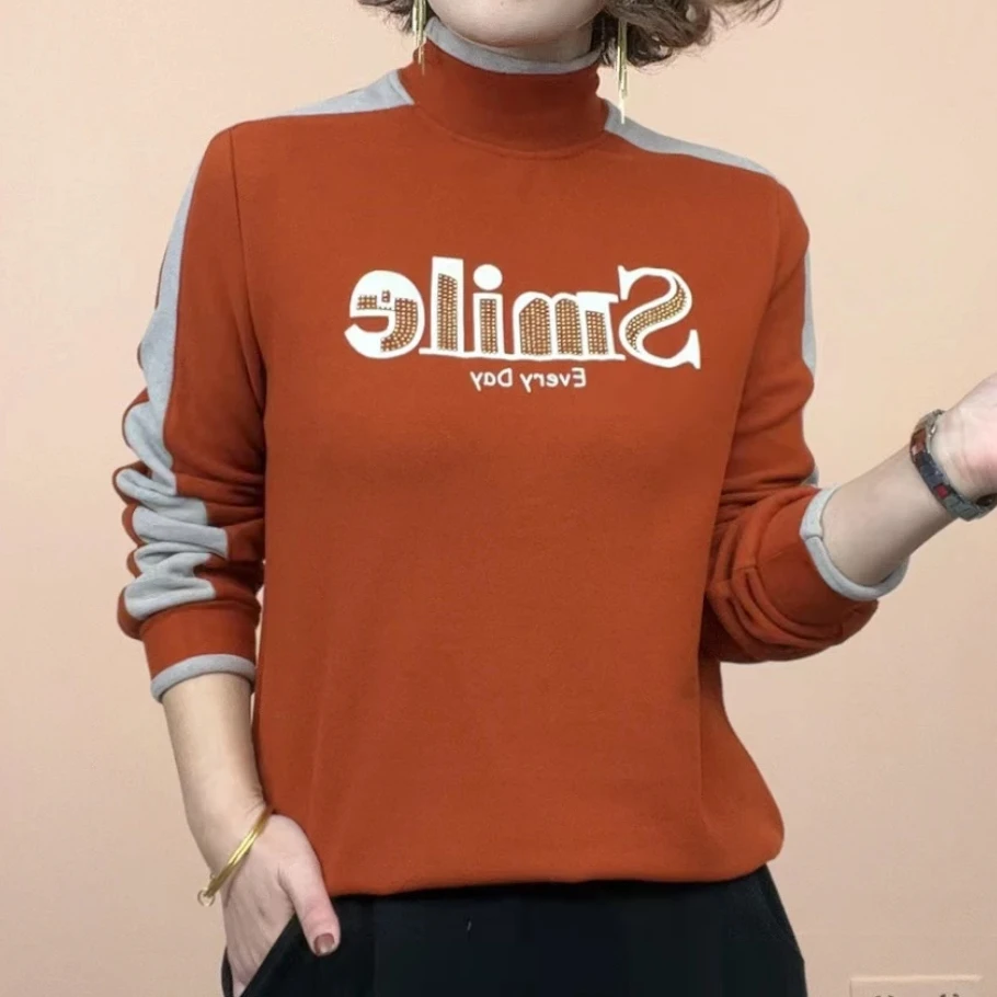 2024冬装新款双面奥绒烫钻字母打底时尚上衣半高领卫衣