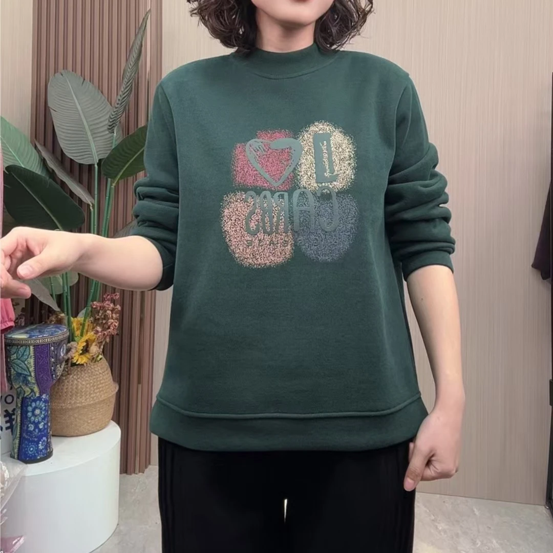 加绒加厚2024（磨砂印花）休闲时尚百搭宽松显瘦圆领妈妈装卫衣