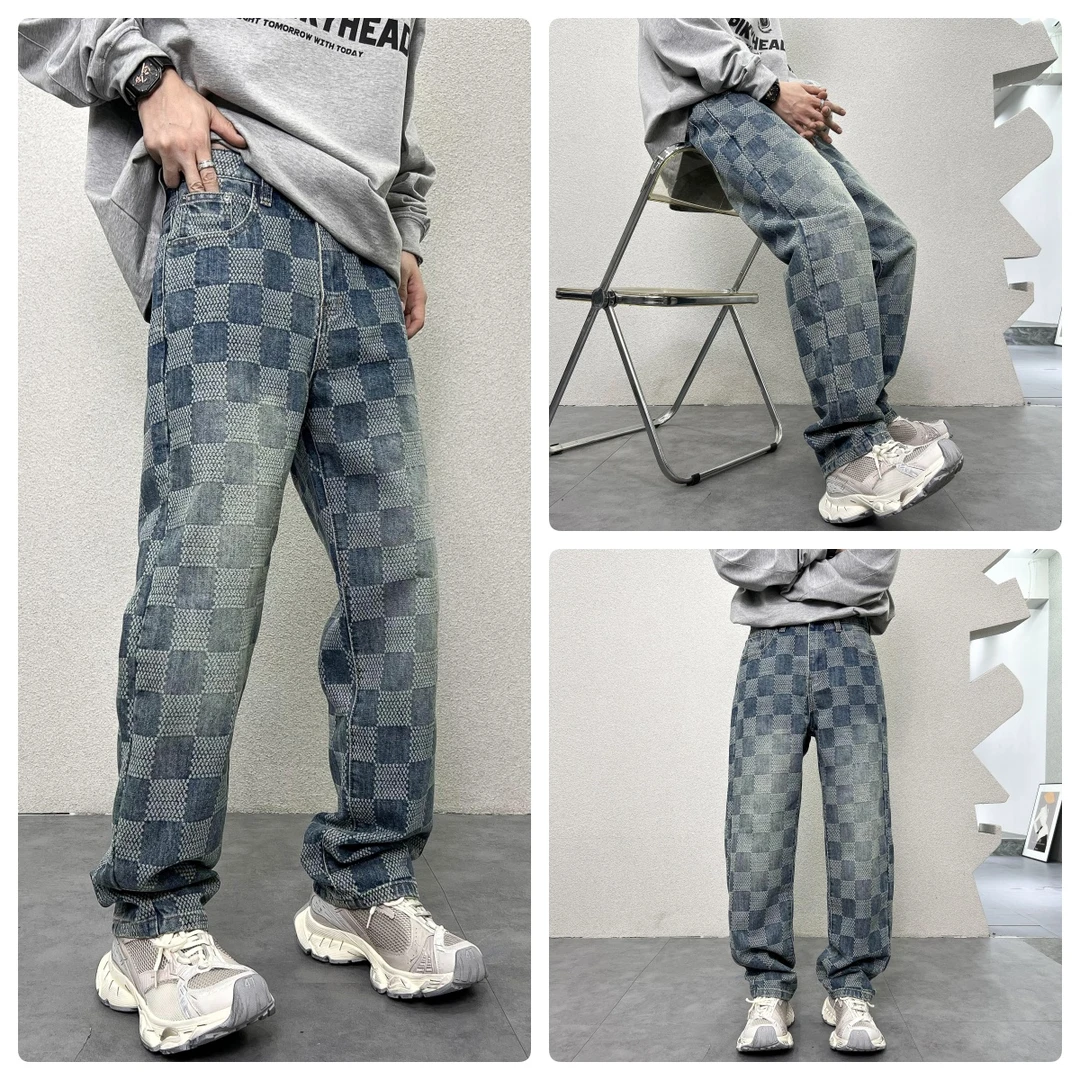 美式高街秋冬撞色棋盘格牛仔裤男士提花个性格子直筒休闲长裤