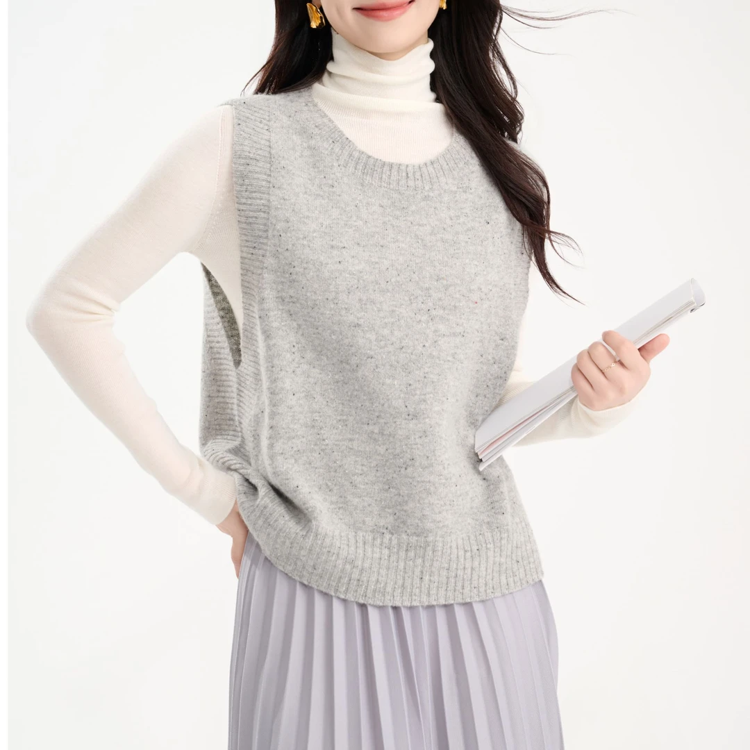 2024秋冬彩点绵羊毛针织纯色马甲经典外穿上衣女圆领马甲背心K23