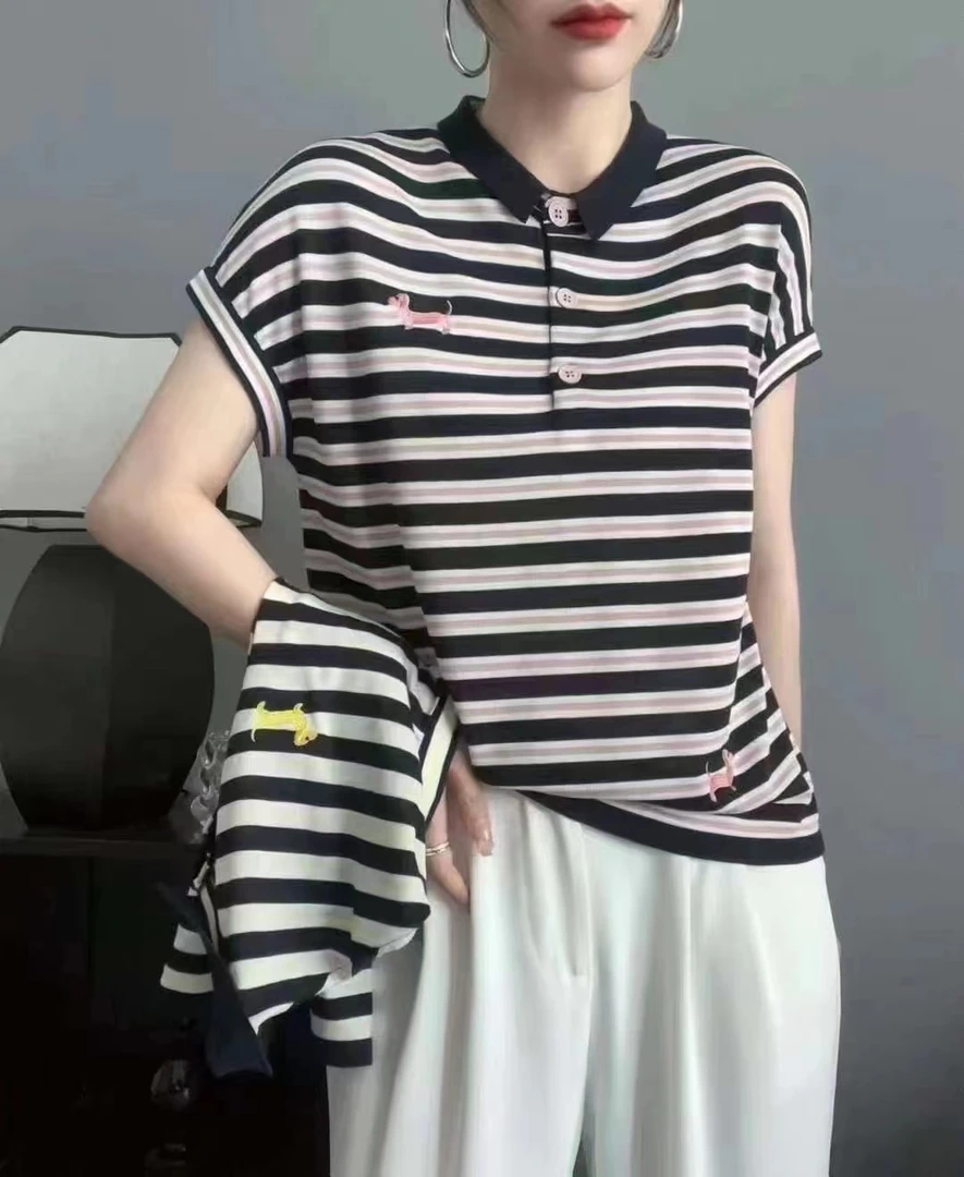 2024夏莱赛尔绣花方领上衣条纹休闲宽松翻领女短袖薄显瘦S33气质