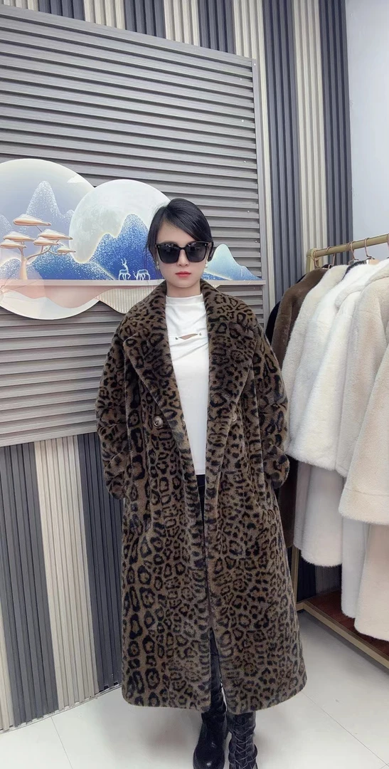 韩版豹纹毛毛加厚保温时尚潮流中长款秋冬宽松大衣外套气质冬季