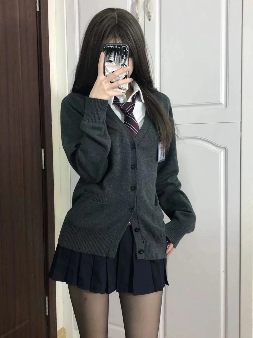 jk制服日系学院风宽松深灰色jk毛衣针织开衫早春基础款长袖外套女