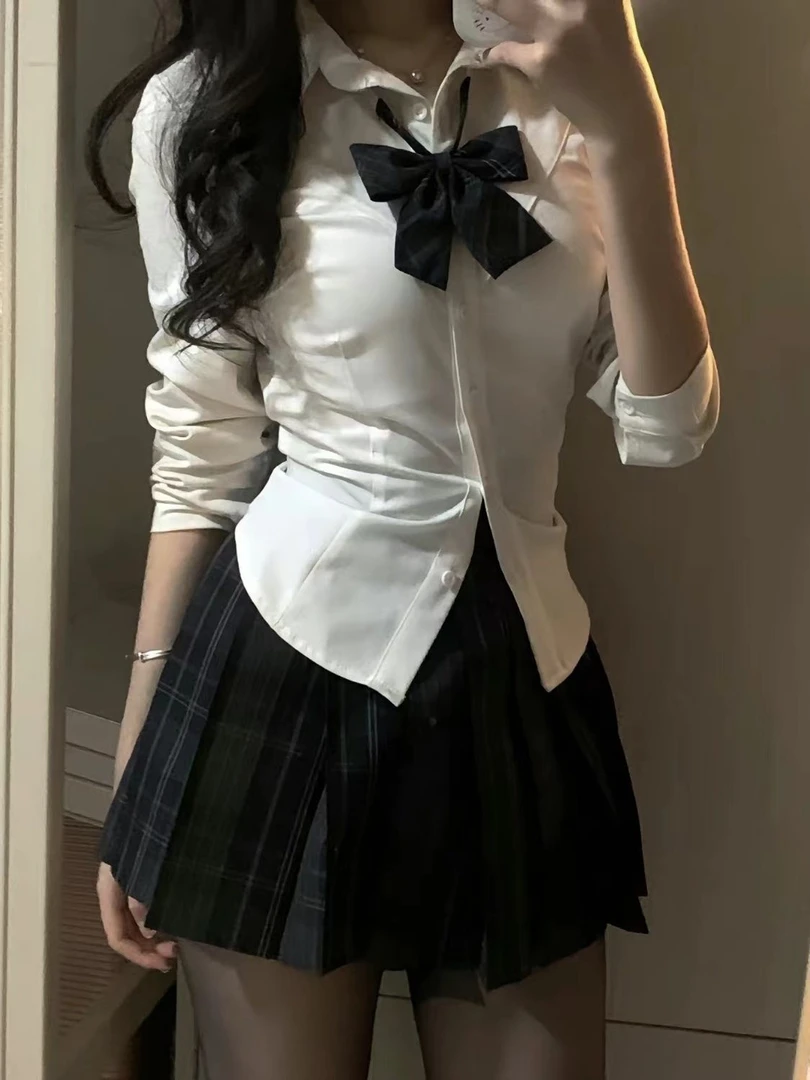 JK制服夏季纯欲辣妹收腰衬衫女学院风修身白色短袖衬衣百褶裙套装