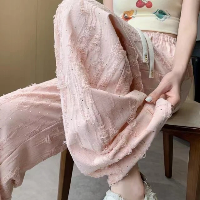 夏季时尚新款破洞烫钻宽松阔腿高腰休闲长裤百搭松紧腰直筒裤女