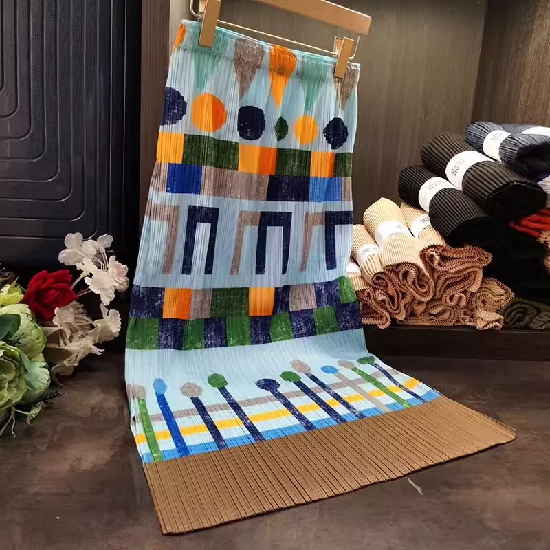 音符图案格子褶皱半身裙