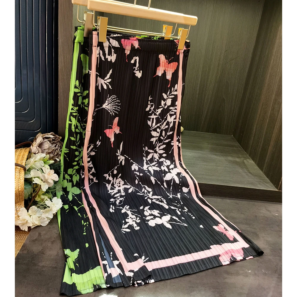 复古国风印花褶皱半身裙女秋季新款气质通勤显瘦侧开叉A字裙