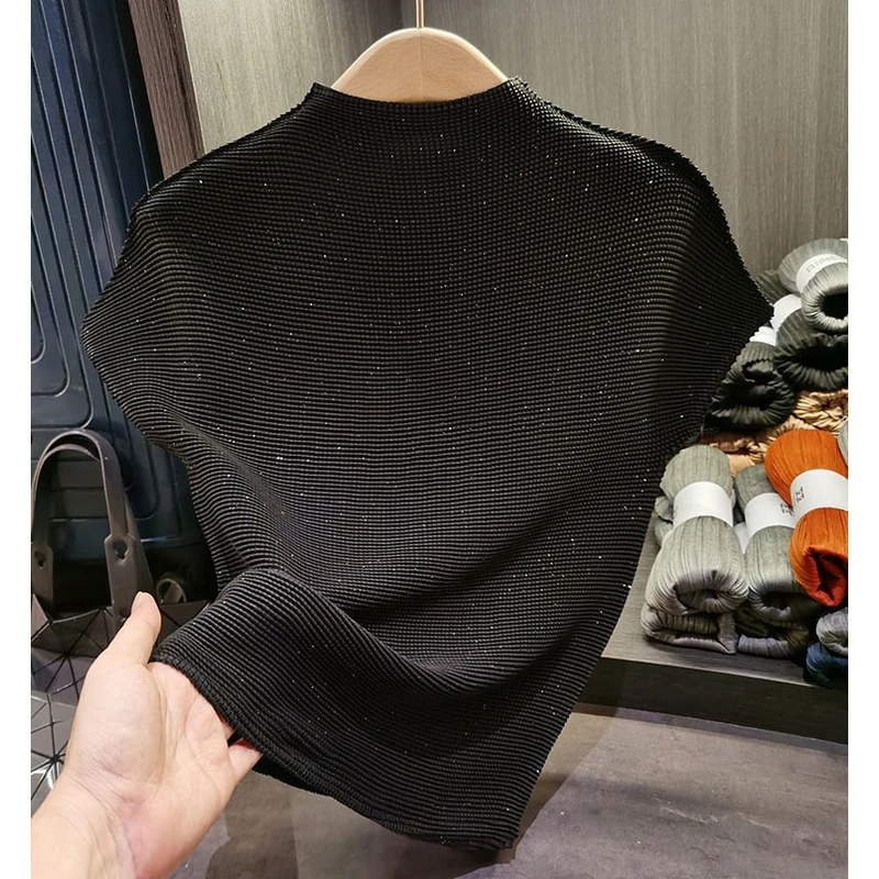 新工艺亮粉褶皱小立领玉米粒女士t恤 夏季弹力面料上衣