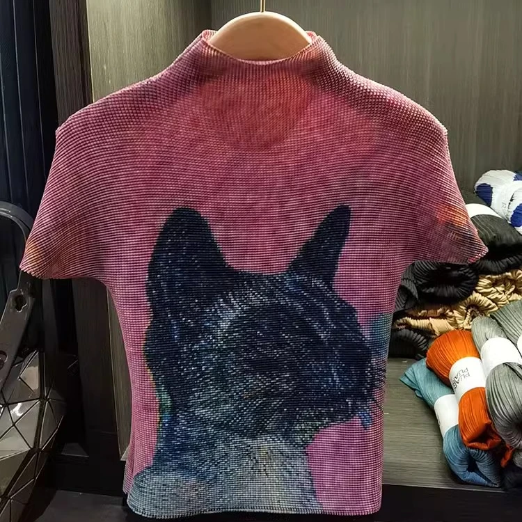 褶皱T恤女设计感小众印花立领短袖玉米粒