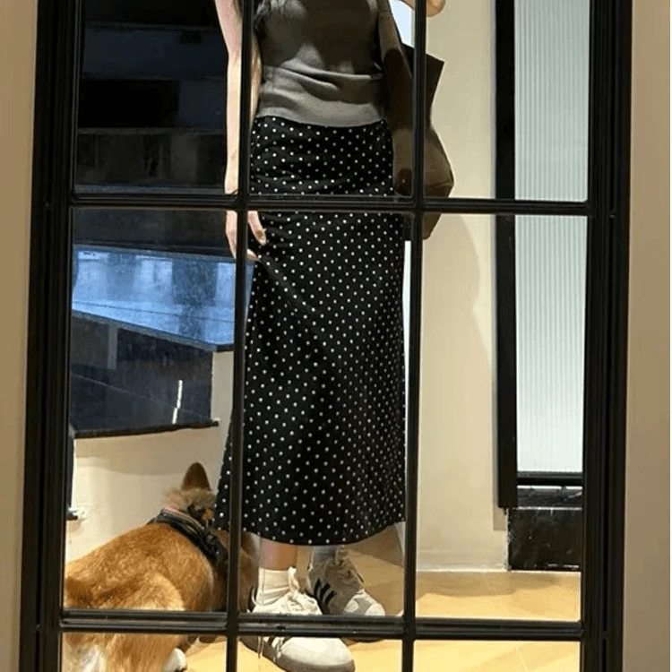 波点半身裙女时尚秋季大码高腰显瘦中长款开叉胖MM黑色A字裙