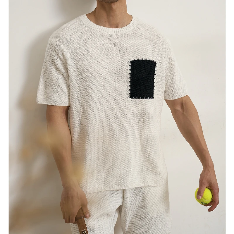 Romon/罗蒙夏季美式菠萝纹假口袋阔形设计感时尚休闲针织短袖