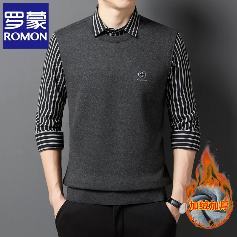 Romon/罗蒙轻商务假两件毛衣男士2022秋冬保暖条纹衬衫领针织衫