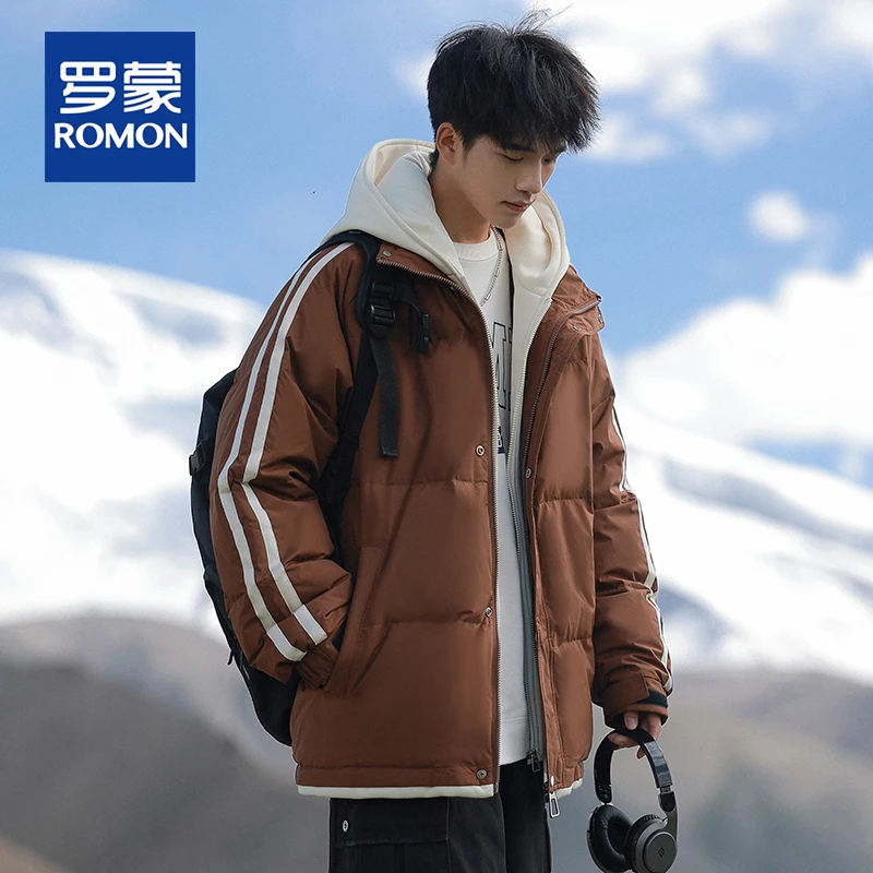 Romon/罗蒙假两件羽绒服2024冬季新款加厚保暖白鸭绒宽松连帽外套